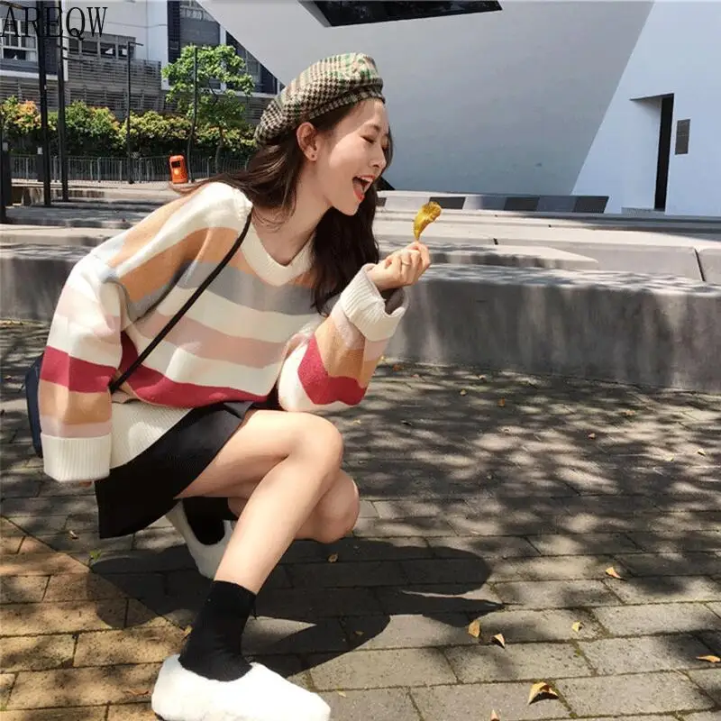 Осенний женский Рождественский свитер с круглым вырезом в радужную полоску