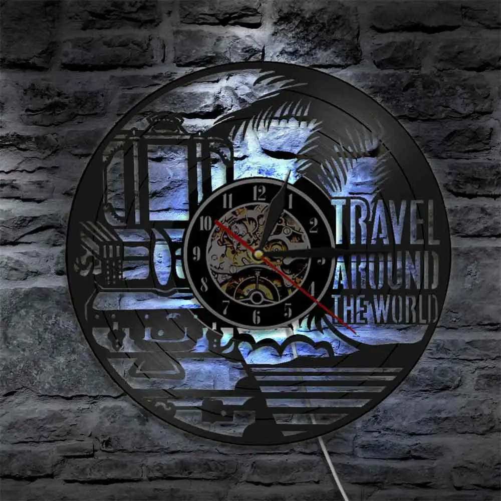 Travel Around The World Vinyl LP Record Wall Clock World Wide Tours Train Transportation Led Wall Light Travel Enthusiast Gifts
