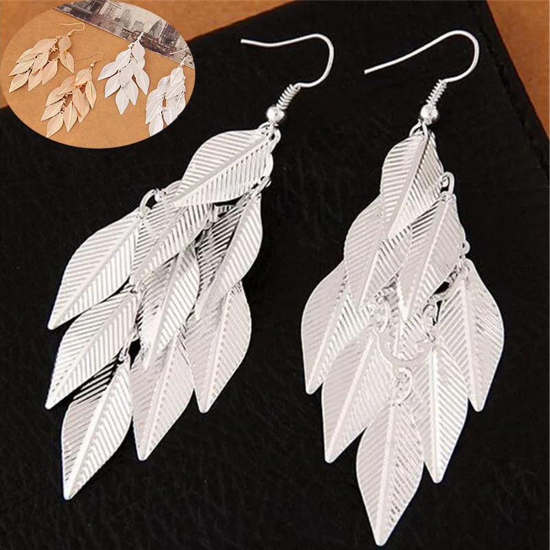 

Fashion Tassel Long Leaf Earrings Silver Color Gold Color Feathers Drop Dangle Earrings Statement Party Gift