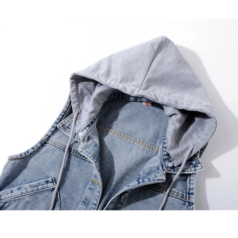 Платье без рукавов для женщин джинсовый жилет Свободные со съемным капюшоном