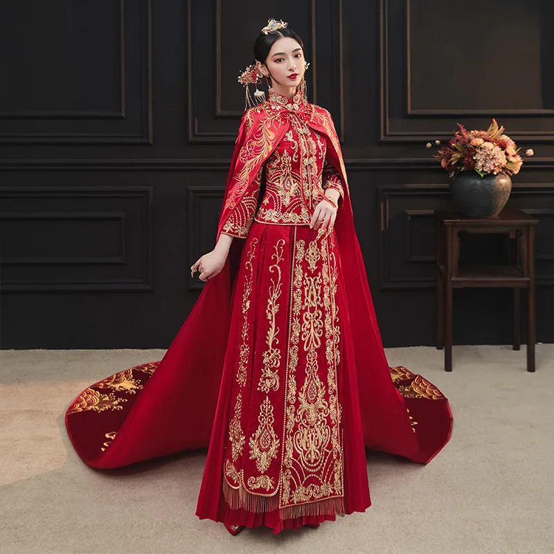 Cheongsam bordado con capa roja de lujo para mujer, vestido de novia tradicional chino, cuello mandarín, boda