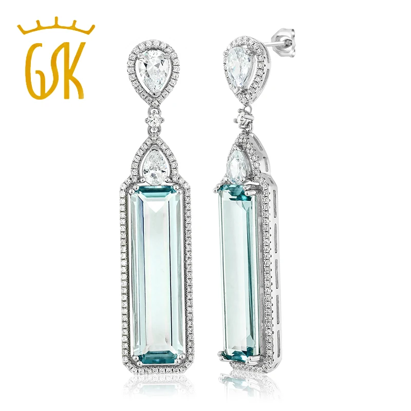GemStoneKing 925 пробы серебро 12,00 Ctw багет огранка имитация Аквамарин и белый CZ Арт Деко Висячие серьги для женщин