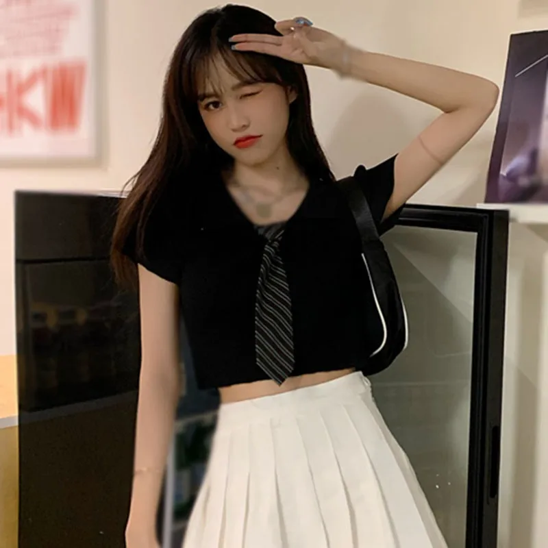 

Retro Eversion Tie Short Sleeve Ice Silk Sweater Women's Summer Outerwear Thin Short Top