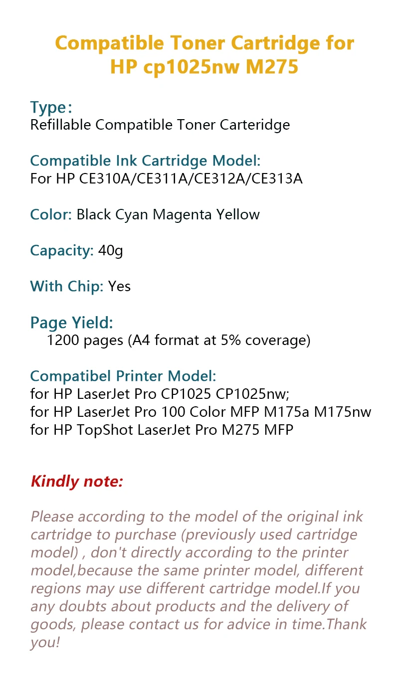 4 шт. совместимый картридж с тонером для принтера Hp Laserjet Pro CE310A CE311A CE312A CE313A для струйного принтера Hp CP1025 CP1025nw 1025 M275 M175a M175nw