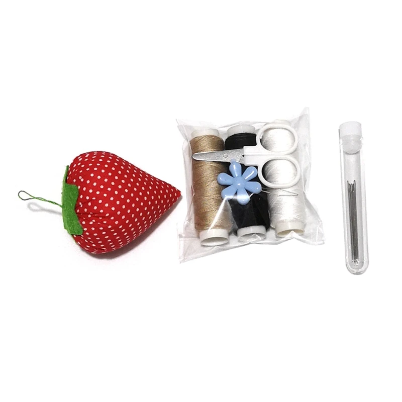 

Travel Sewing Kit Strawberry Pincushion Thread Pins Needle Threader Scissors Set