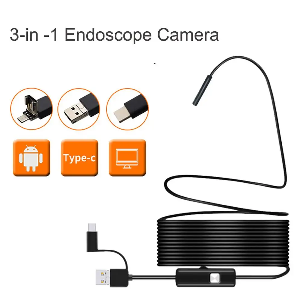 

7mm Endoscope Camera Flexible IP67 Waterproof 6 Adjustable LEDs Inspection Borescope Camera Micro USB OTG Type C for Android PC