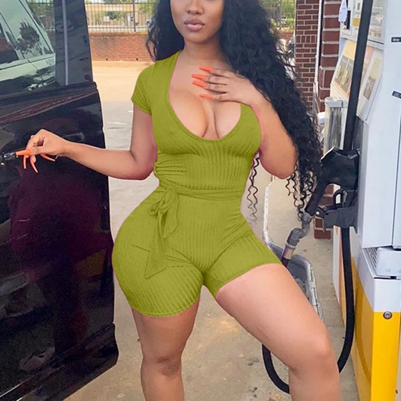 

Женский однотонный ребристый комбинезон, облегающие вечерние шорты с рукавами, Клубные комбинезоны, лето 2020