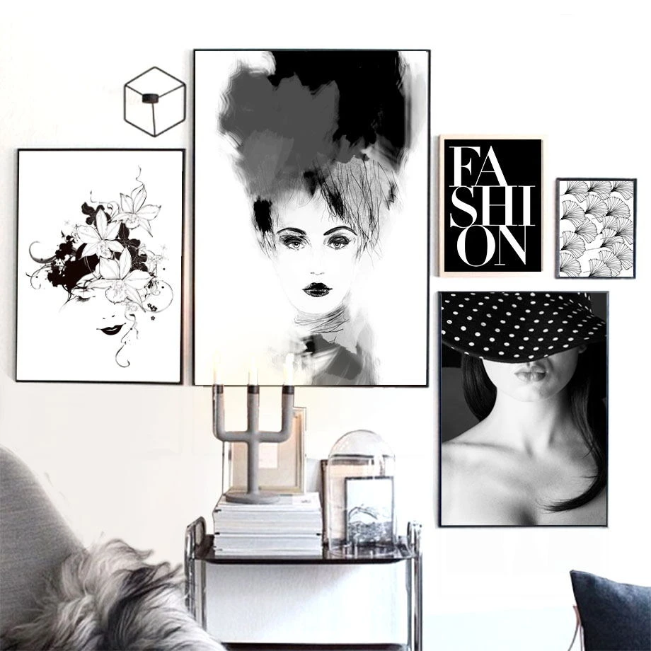 

Fashion Abstract Girl Ginkgo Wall Art Canvas Painting Nordic Posters And Prints Black White Wall Pictures For Living Room Decor