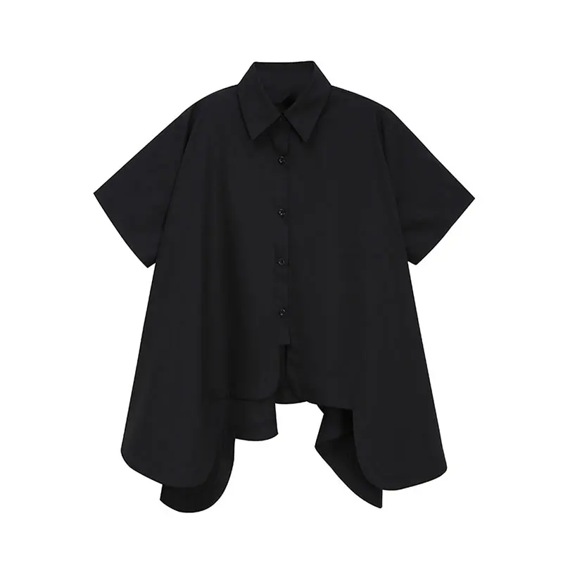 

XITAO Asymmetrical Solid Color Women Shirt Tide Fashion New Style Turn Down Collar Short Sleeve Summer Slim Personality WMD1546