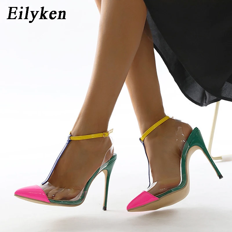 

EilyKen/модные разноцветные летние женские туфли-лодочки из ПВХ с острым носком; Босоножки с ремешком и пряжкой на лодыжке; Женская обувь на выс...