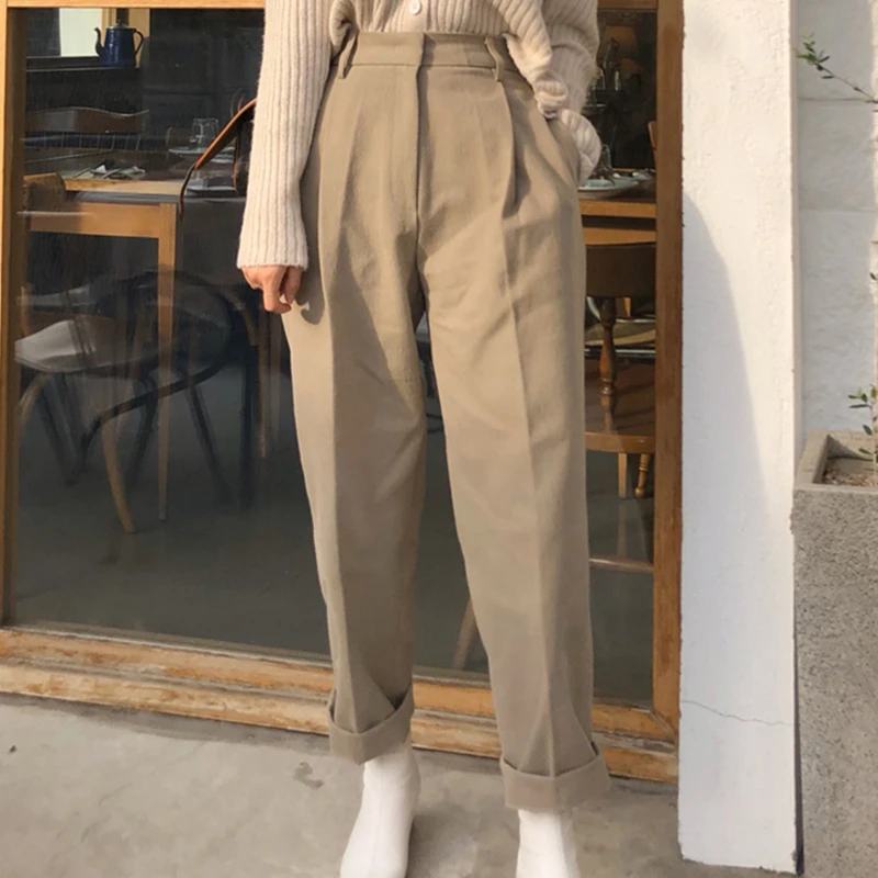 

YAMDI Fashion High Waist Loose women Pants for Women Casual Pockets Long Pants Female Stylish Zipper Fly Capris femme 2020 new