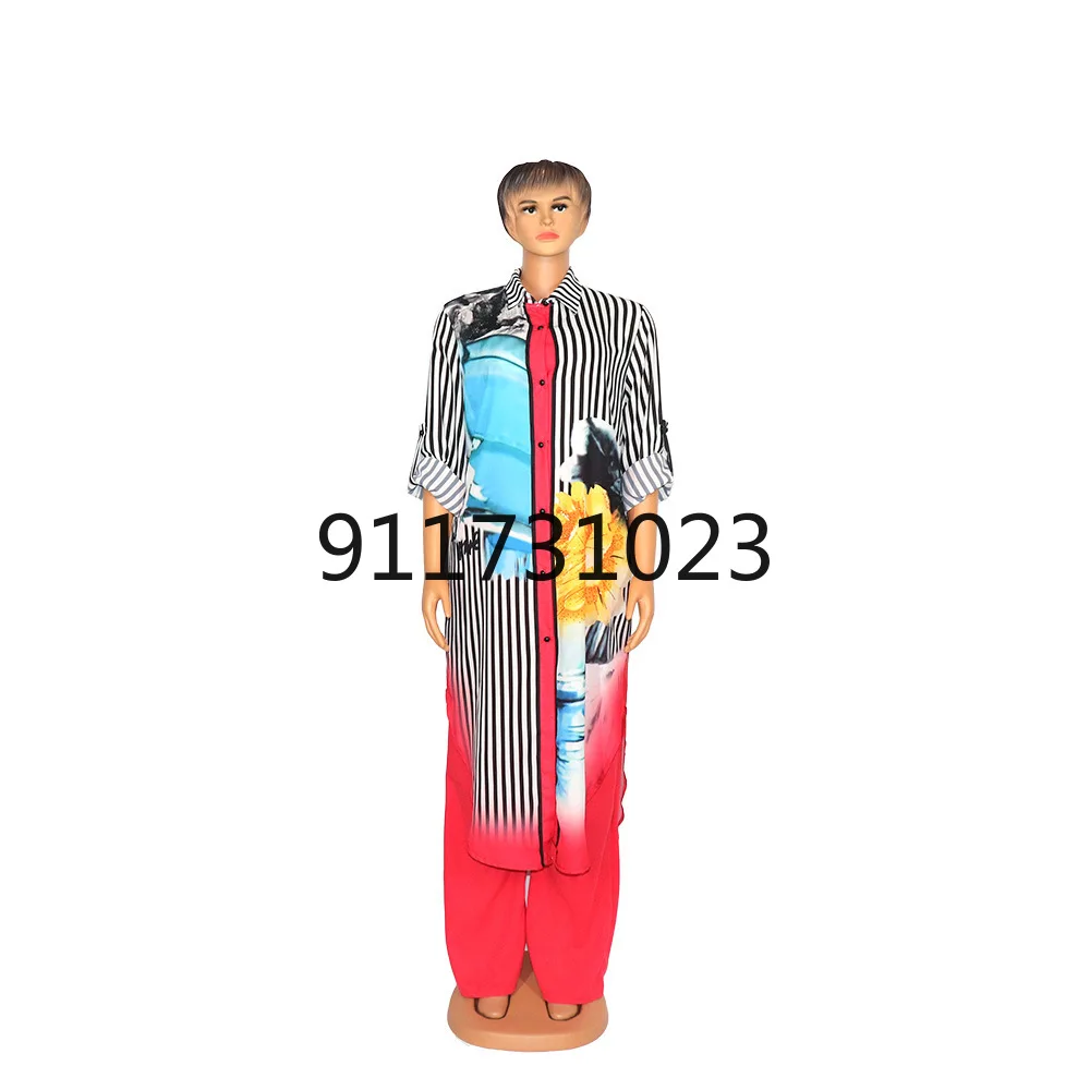 2021 Traditional African Clothing Two Piece Set Women Africaine Stripe Print Bodycon Tops And Pants Clothes | Тематическая одежда