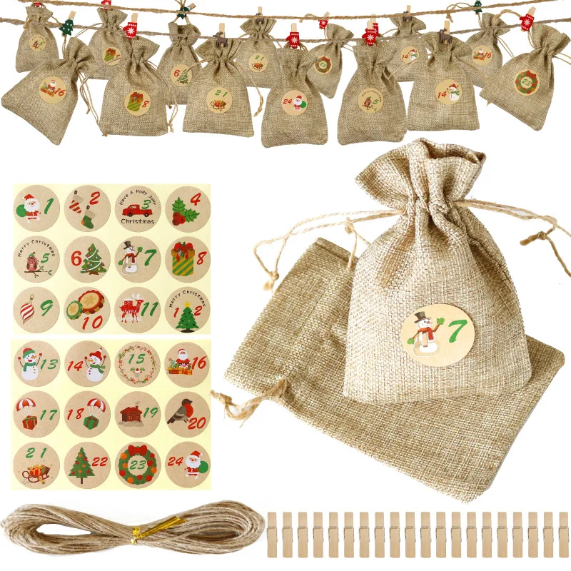 

24 Sets Christmas Gift Bags Burlap Bundle Pocket Christmas Advent Calendar Candy Gift Bags with Stickers Clips