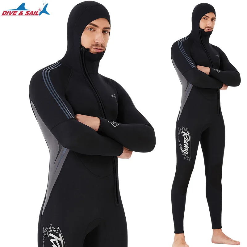 DIVE&SAIL 3MM Neoprene Scuba Swim Diving Suit Men UnderWater Snorkeling Surfing Front Zipper Spearfishing Hooded Beach WetSuit