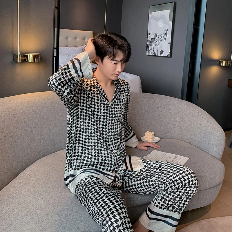 QSROCIO Silk Like Houndstooth Women's Pajamas Set Fashion Style Female Couple Sleepwear Home Clothes for Men Nightwear Pyjama