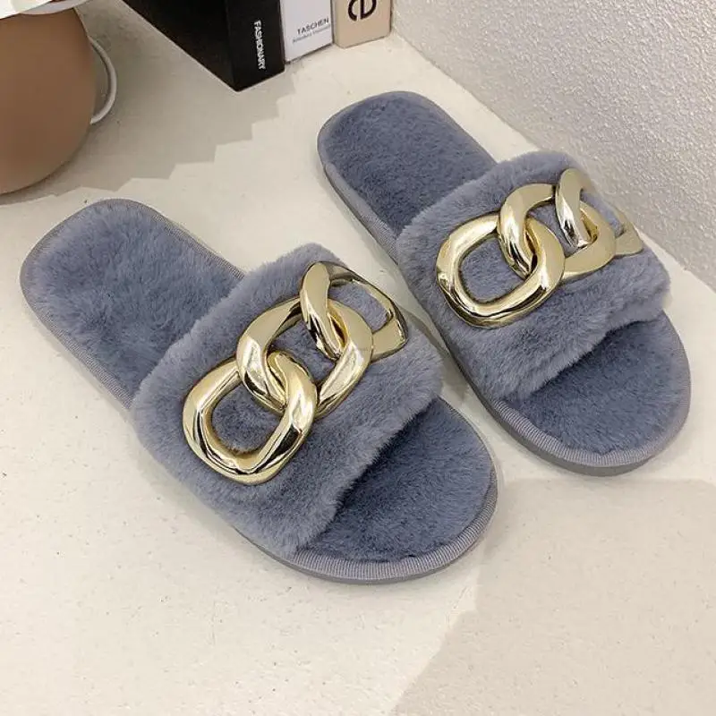 

Меховые сланцы, плюшевые шлепанцы с золотой цепочкой, дизайнерские пушистые домашние Шлепанцы из искусственного меха для женщин 2021, домашн...