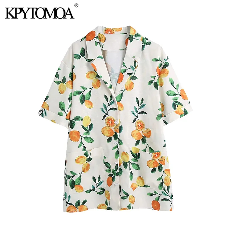 

KPYTOMOA Women 2021 Chic Fashion With Pockets Print Loose Linen Mini Dress Vintage Short Sleeve Side Vents Female Dresses Mujer