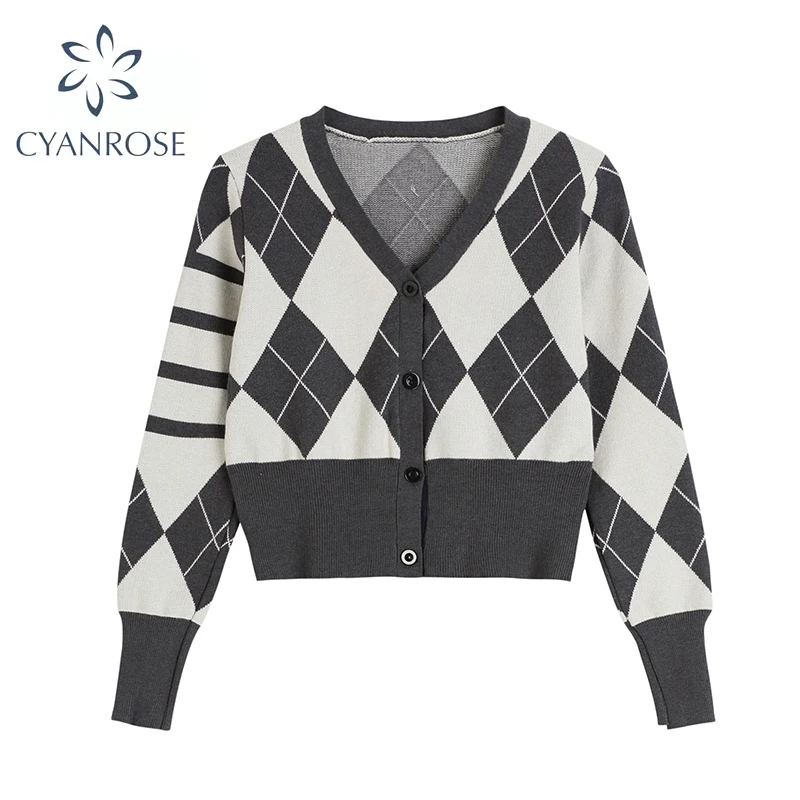 

Knitted Cardigans Autumn Korean Style Short Knitted Sweaters Women Cardigan Fashion Tops Sleeve Diamond Check Crop Warm Coat