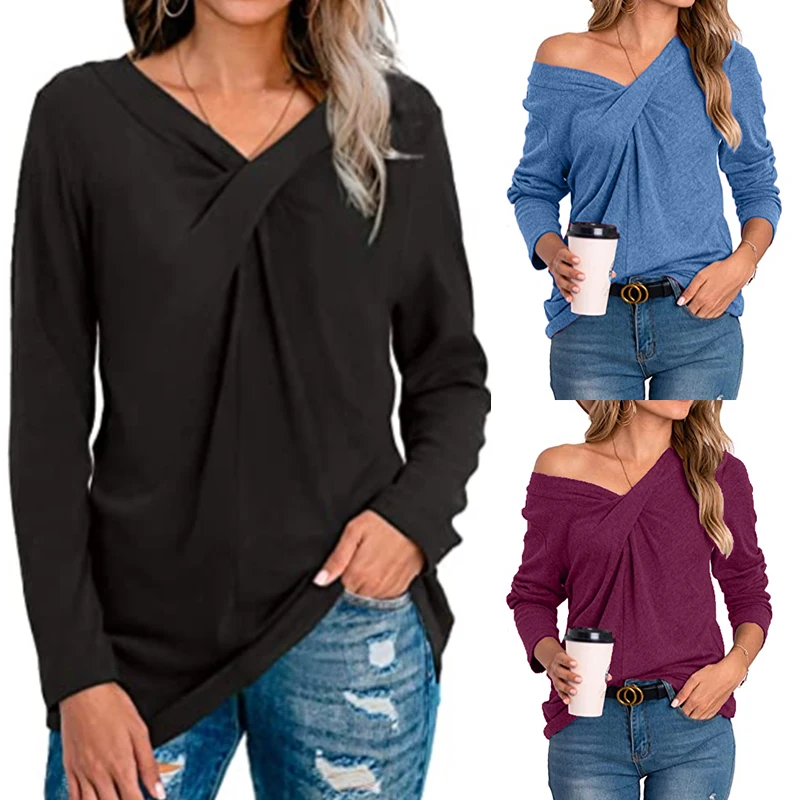 

Deep V Neck Women Sexy Shirts Ruched Bust Twist Front Top Loose Fit Shirt 2021 Causal Wear Long Sleeve Solid Color Shirt Tunic