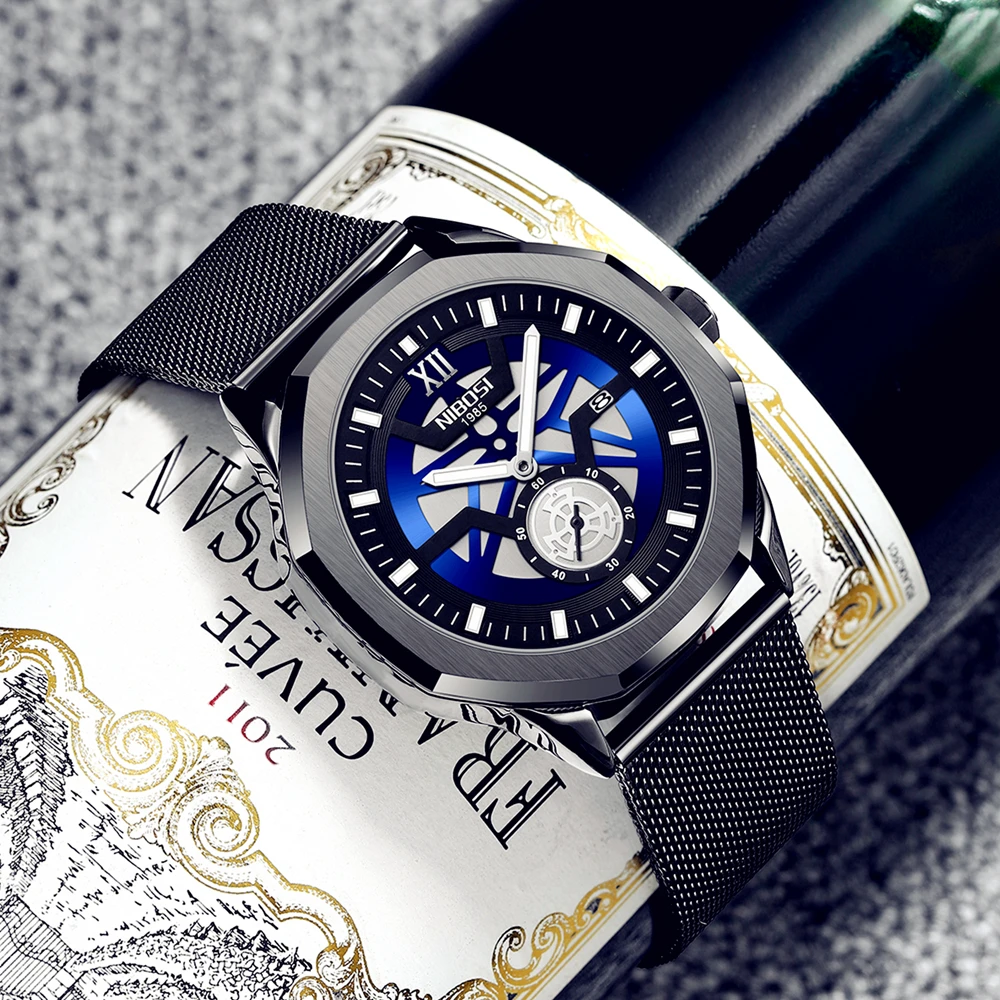 NIBOSI Fashion Mens Watches Top Brand Luxury Quartz Watch Men Casual Mesh Steel Waterproof Sport Black Relogio Masculino | Наручные часы