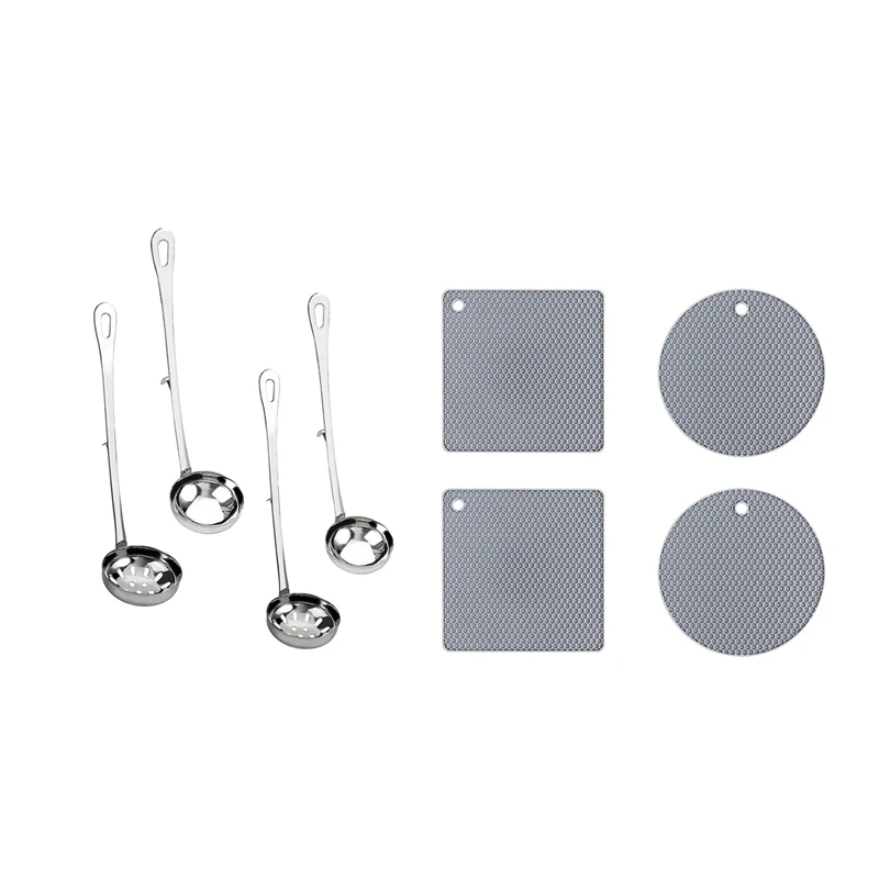 

HOT Stainless Slotted Spoon And Soup Ladle And Hooks Set With 4 Pcs Extra Thick Silicone Trivet For Kitchen