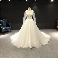 newest high quality 100real sample ivory lace beading high neck long sleeves ball gown floor length with train wedding dress