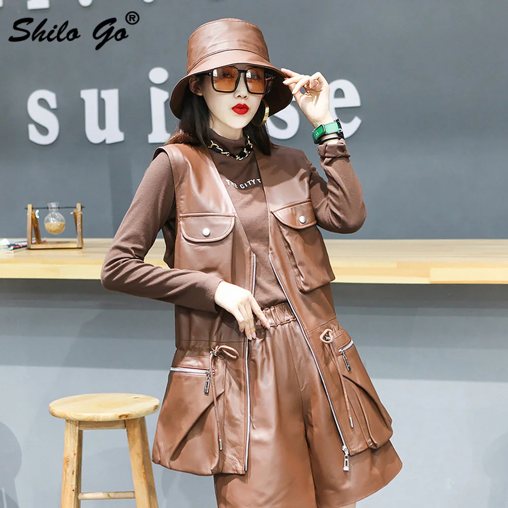 

Streetwear Pockets Front Detail V Neck Zipper Drawstring Waist Sleeveless Coat Women Casual Sheepskin Genuine Leather Outwear