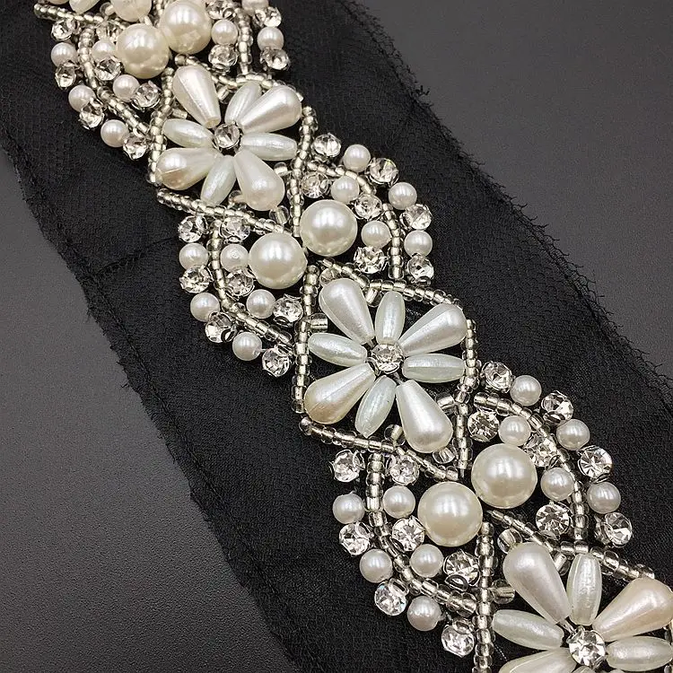 2 ярда Стразы Кристалл платье аппликация жемчуг бисер 3D цветок кружева отделка