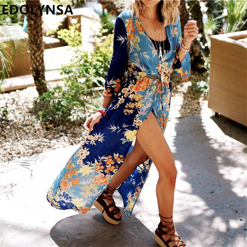 Женское асимметричное пляжное платье-туника с v-образным вырезом и рукавом три