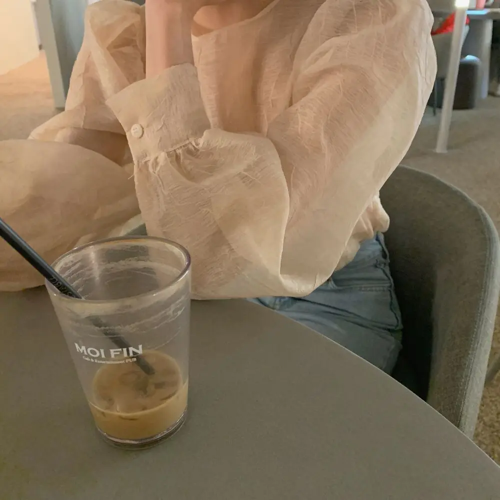 

Whimsical Girl Korean Chic Super Nice Wrinkle Feeling Special-Interest Design Sweet Mesh Slightly Transparent Top Shirt