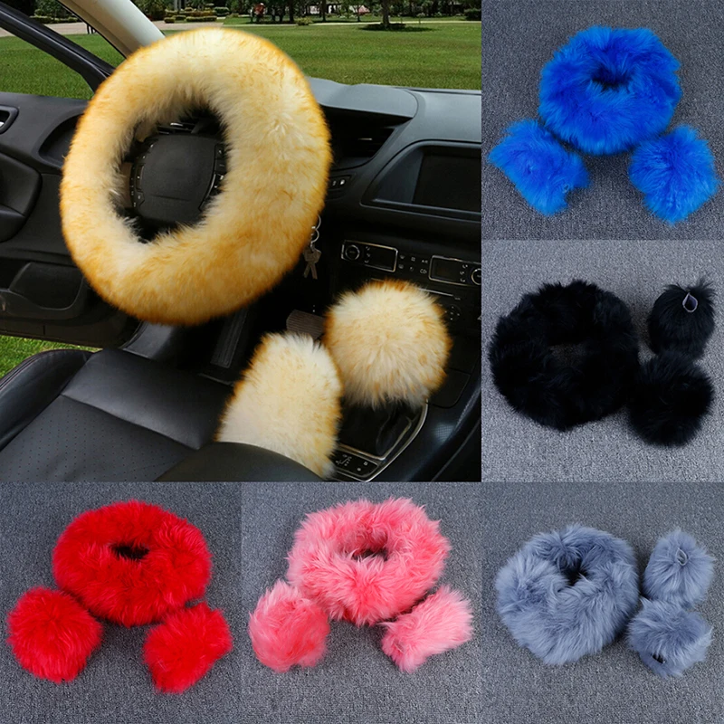 

CAR Long Plush Warm Steering Wheel Cover Woolen Handbrake Universal 3pcs/Set Artificial Fur Auto Interior Steering Wheel Covers