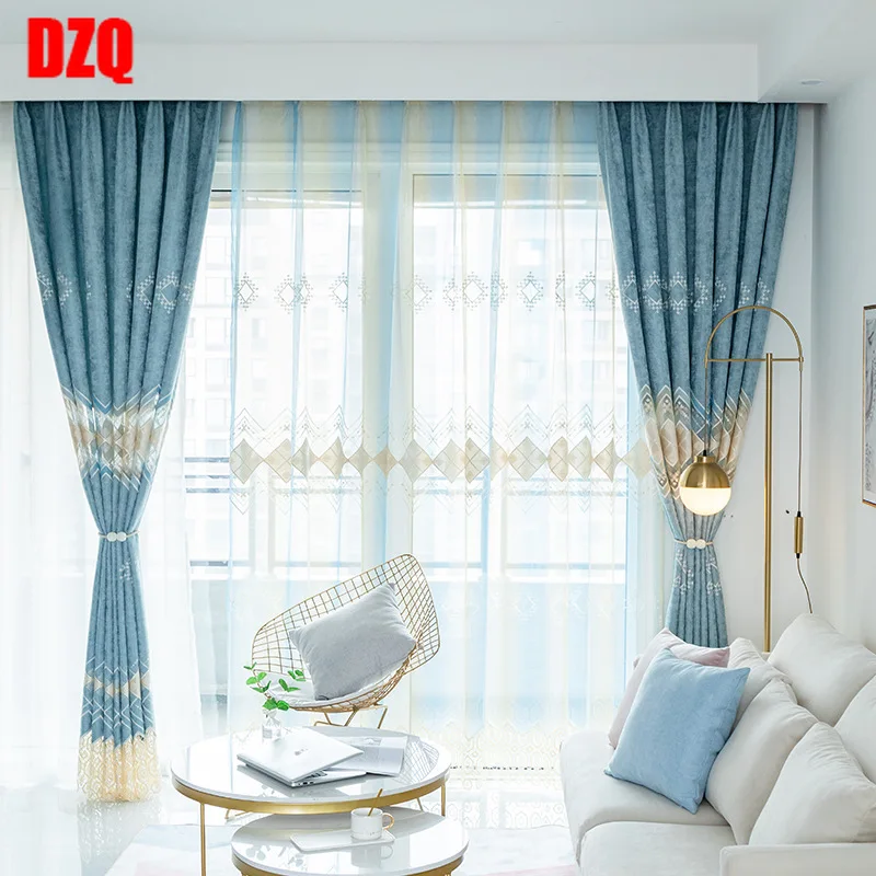

Blue Curtains Fabric Modern Curtain for Living Room Bedroom Simple Boys Living Room Light Embroidered Curtains Curtains