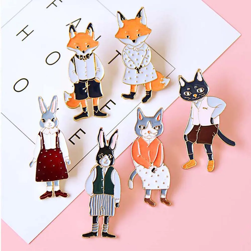 Ювелирные булавки и броши кролик/лиса/кошка пара эмалированные значки на булавке