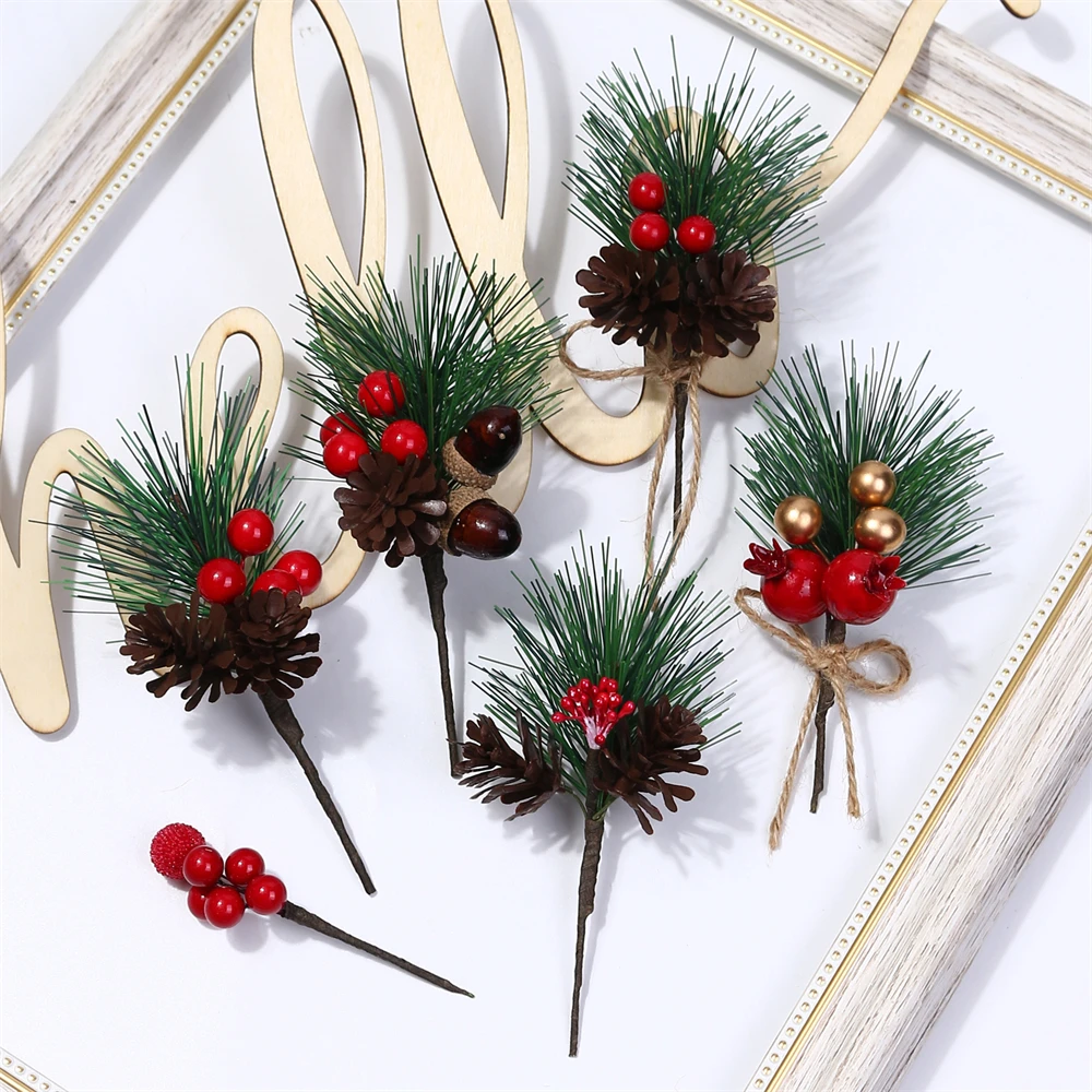 

1PC Artificial Pine Christmas Needle Red Berries Pinecones For Flower Arrangements Wreaths Wedding Garden Xmas Tree Decorations