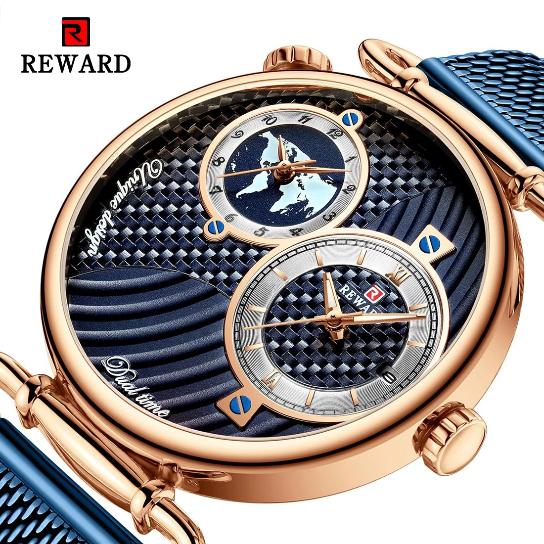 

REWARD Fashion Rose Gold Quartz Watches for Men Multiple Time Zone Display Dark Blue Mesh Belt Waterproof Business Watches