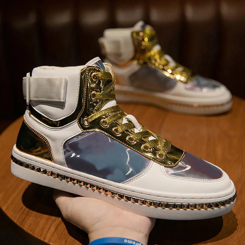 

OVXUAN Colorful Discoloration Boots Men New High Top Gold Lace Edge Flat Hip Hop Shoes Street Style Booties Ankle Botines Hombre