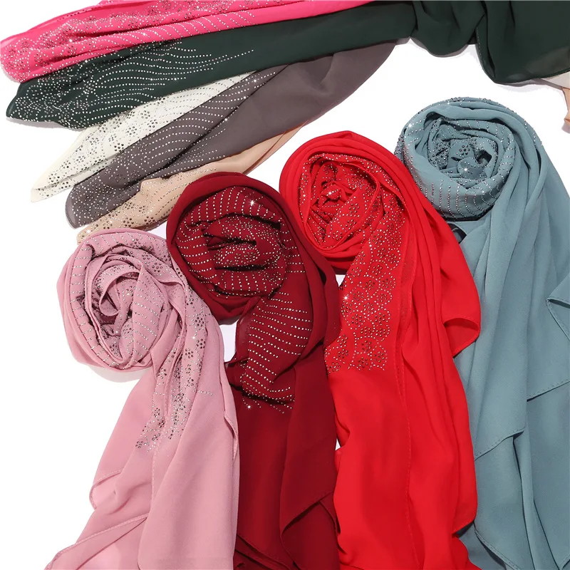 

New Plain Diamond Bubble Chiffon Instant Hijab Shawls Solid Thick Head Wraps Foulard Sjaal Muslim Bonnet Shawals