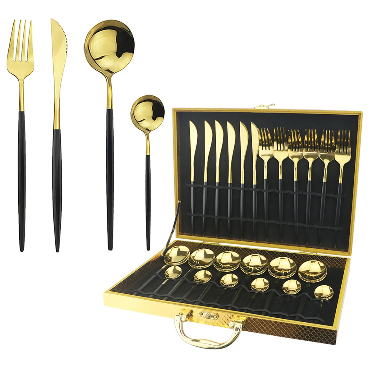 

24Pcs Black Gold Flatware Set Knife Fork Spoon Dinner Set Stainless Steel Western Cutlery Set Tableware Silverware With Gift Box