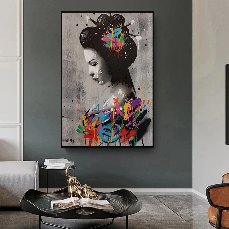 

Japan Woman Portrait Oil Paintings on Canvas Graffiti Wall Art Posters and Prints Wall Pictures for Living Room Decoration