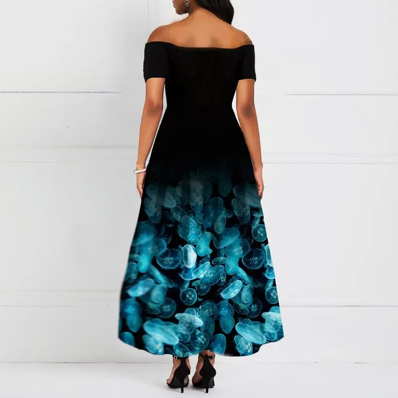 Плюс размер женский с цветочным принтом открытыми плечами Повседневное платье