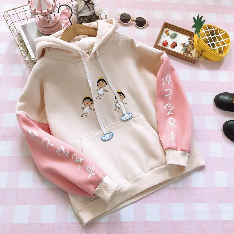 Корейский мягкий Ангел Маруко вышивка аниме мультфильм толстовки Harajuku Teenger