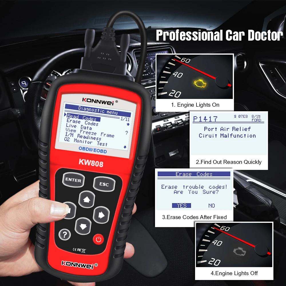 Автомобильный сканер KONNWEI KW808 OBD 2 автомобильный диагностический OBD2 инструмент