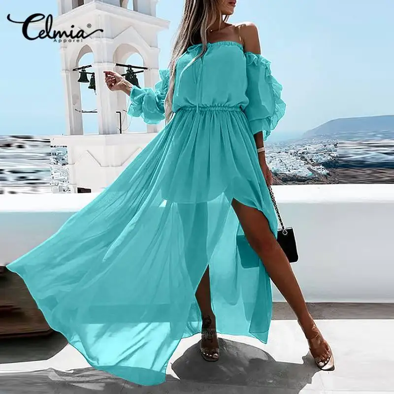 

Celmia Ruffles Long Sleeve Solid Vestidos Vacation Casual Elegant Women Slit Robes Waisted Sexy Off Shoulder Sheer Maxi Dresses