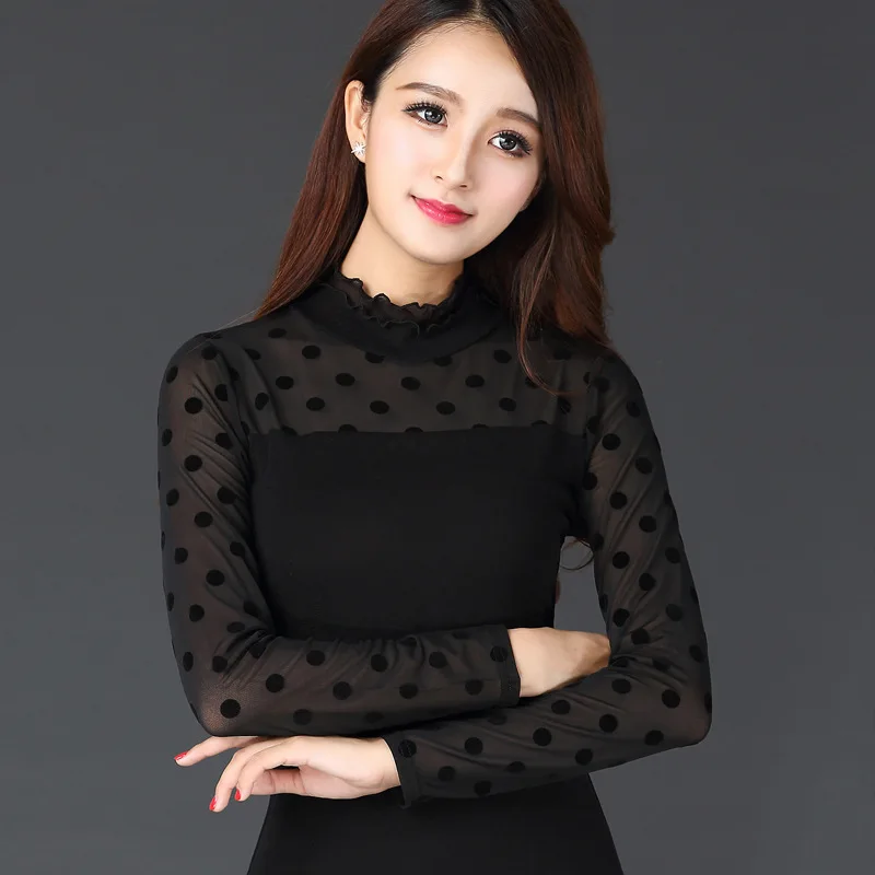 

MKMDFME Spring Korean Clothes T shirt Women Mesh Top Sexy Lace Bottoming Shirt Autumn Long Sleeve T-shirt ladies T shirts