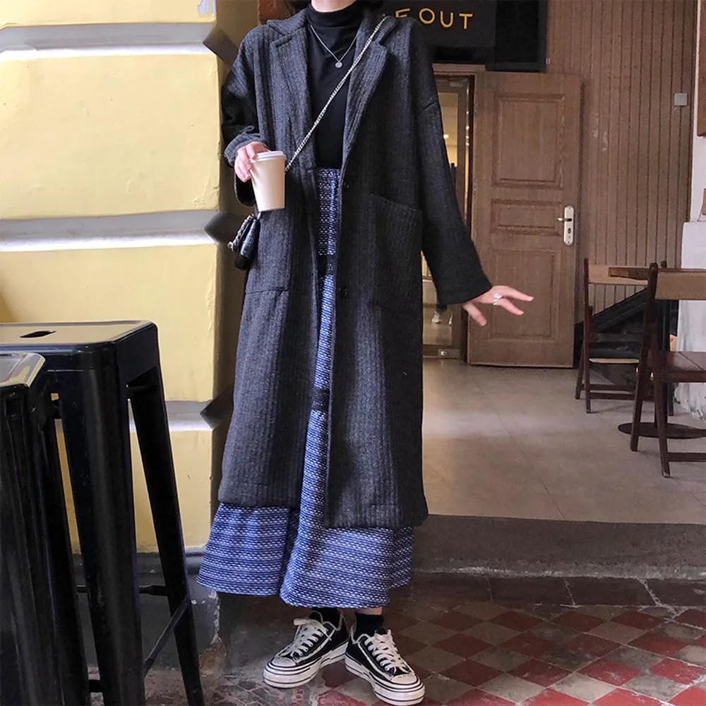 

Тренчкот женский однотонный с длинным рукавом, повседневный однобортный свободный пальто в корейском и японском стиле, зимняя одежда