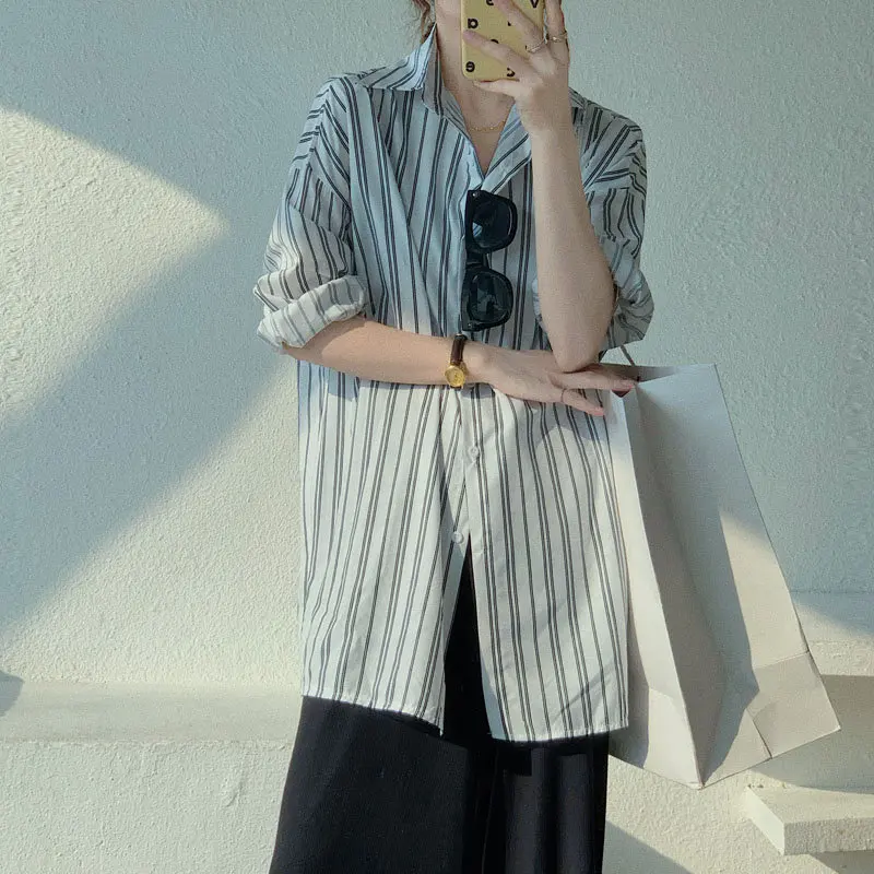 

All Match Stylish Geometric Office Lady New Striped Hot Sale Chic 2021 Oversize Slim Casual Women OL Elegance Shirts
