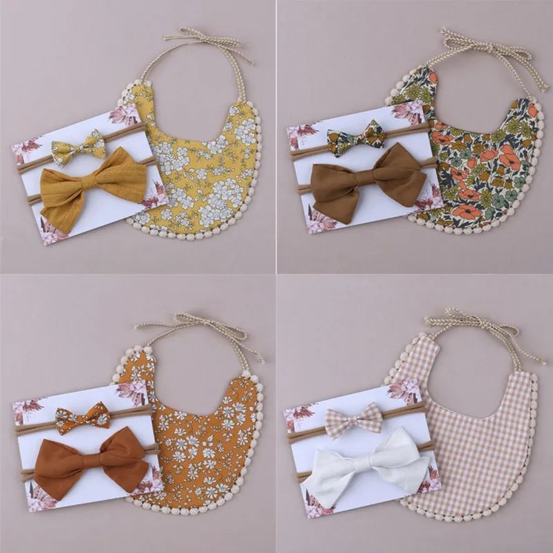 

1 Set Vintage Floral Double-sided Baby Bibs Bowknot Headband Set Soft Cotton Tassel Feeding Saliva Towel Newborn Burp Cloth