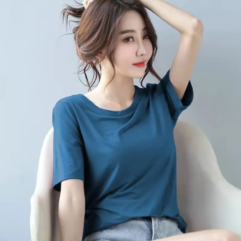 

Ladies Tops Summer Casual Loose Round Collar Tees Solid Color Short Sleeve T Shirt Women Loose Korean Women's T-shirts