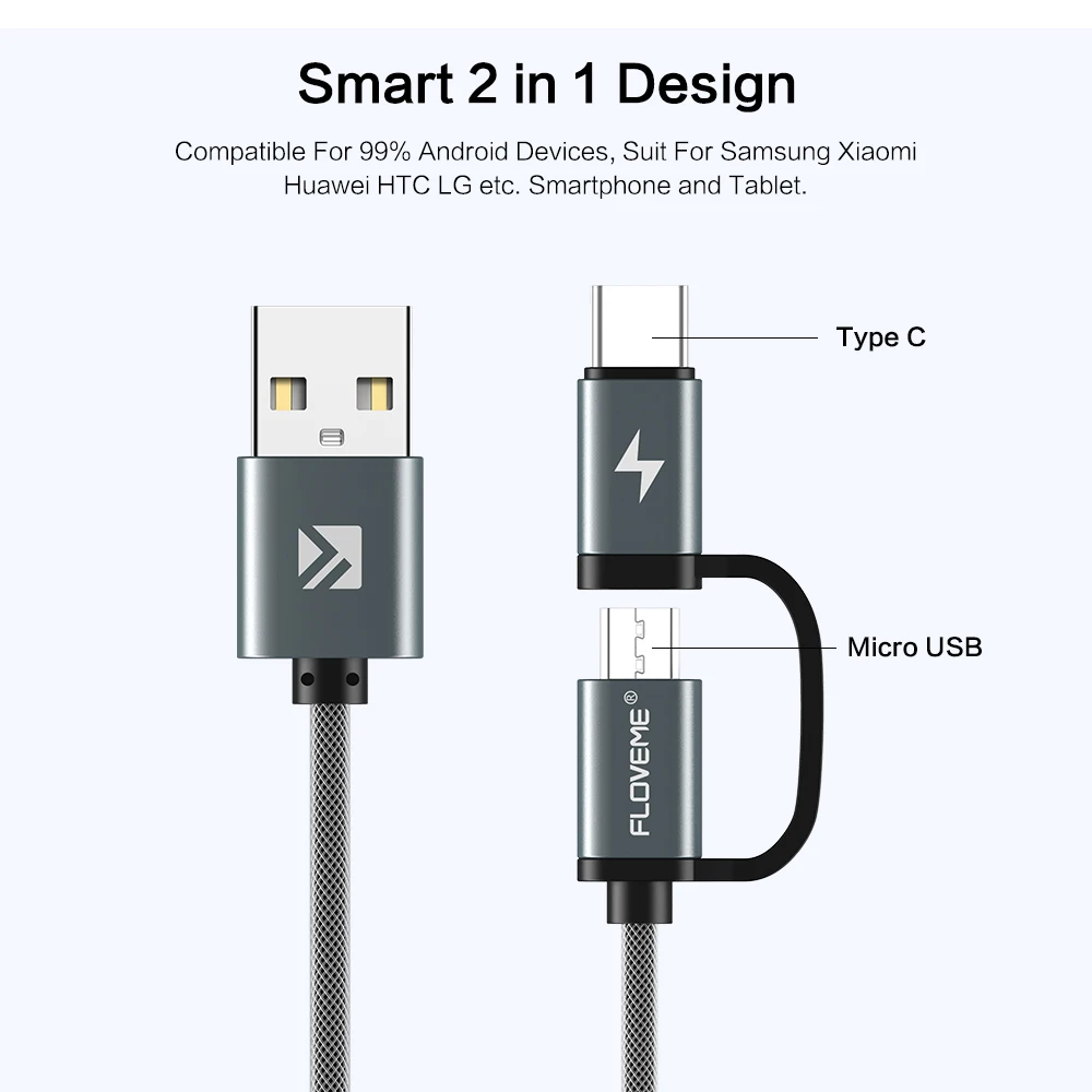 

2 в 1, кабель Micro USB Type-C для быстрой зарядки Xiaomi, Huawei, Samsung