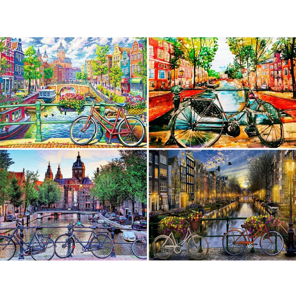 

Full Drill Diamond Painting Lakeside Roadside Bicycle City Landscape Mosaic Cross Stitch Kit Diamond Embroidery Home Decor